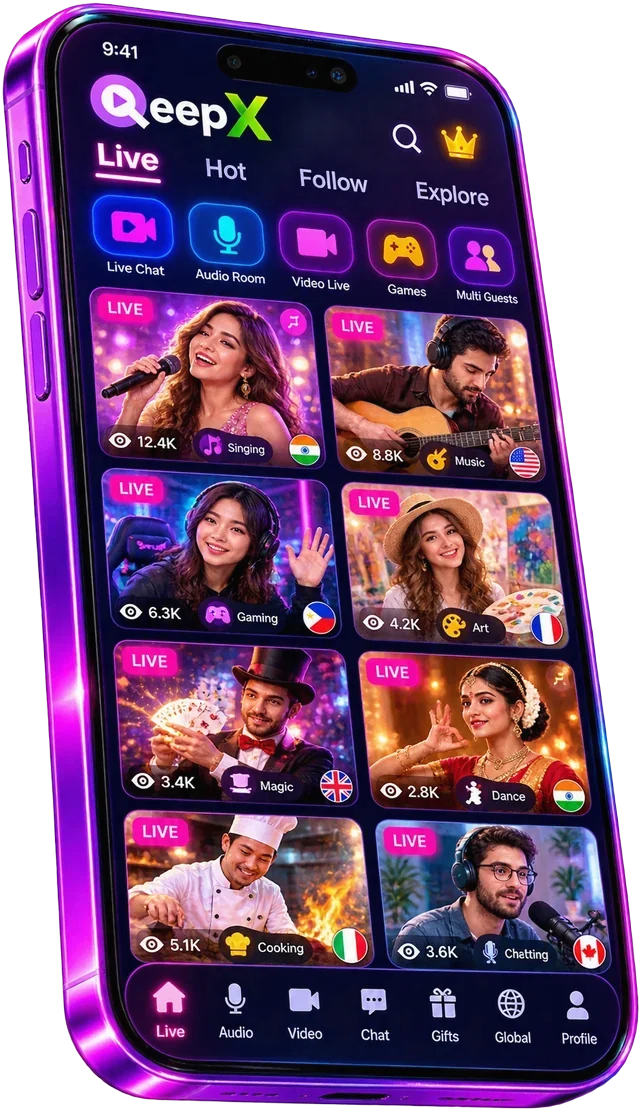 QeepX app showing live rooms for singing, music, gaming, art, magic, dance, cooking and chatting